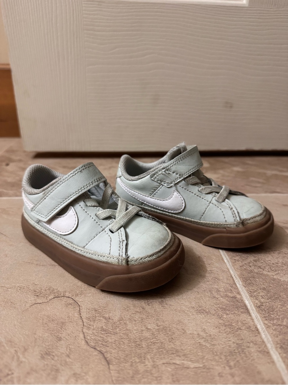Nike Kids Light Green Sneakers with Brown Sole and White Swoosh